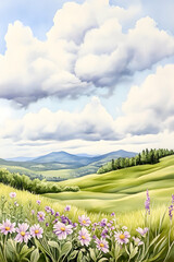 Obraz premium Floral Valley, Cloudy Sky, Hills