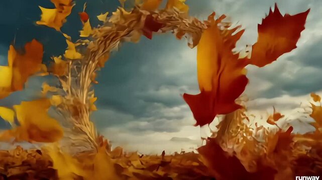 A circular frame made of autumn leaves in a dramatic sky backdrop.