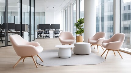 Modern and trendy interior design features cozy seating area with soft pastel hues and natural light in a contemporary workspace