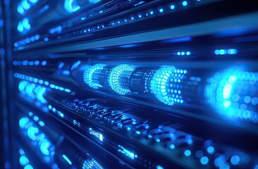 Futuristic server rack with glowing blue components.  Close-up view of advanced technology