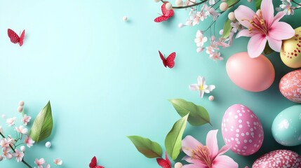 Colorful Easter eggs with spring flowers and butterflies on turquoise background