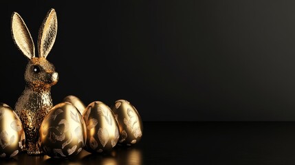 Golden bunny with metallic eggs on black minimal background