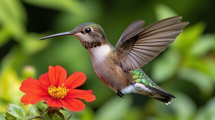 Fototapeta premium Hummingbird in Flight Near a Zinnia