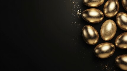 Golden eggs with decor on matte black background