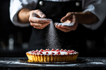 chef delicately sprinkles powdered sugar over beautifully decorated tart, enhancing its visual appeal and flavor