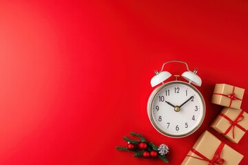 Alarm clock with gift boxes and Christmas decor on red background