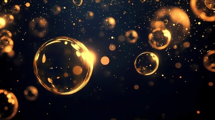 Golden Bubbles and Particles Floating on Dark Background