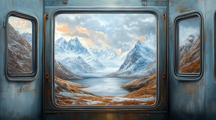 Mountain lake view through train carriage windows