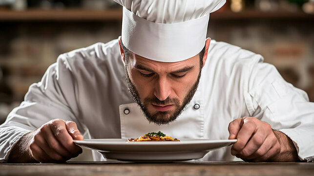 Professional chef in uniform smelling a plate of food with focus and concentration on the aroma