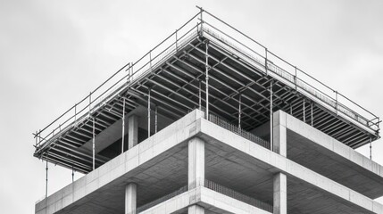 Construction site, high-rise building under construction, scaffolding, concrete structure, gray day, outdoor shot