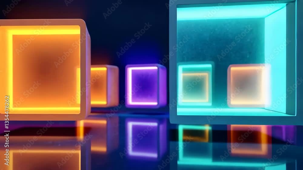 Aufkleber Neon Glowing Cubes Floating on Reflective Surface with Dynamic Lighting