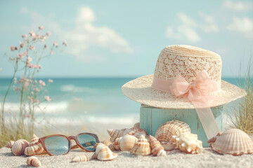 Seaside serenity: straw hat, seashells, and sunglasses on sandy beach