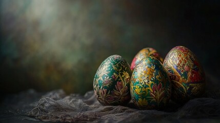 Vintage Floral Easter Eggs with Ornate Gold Texture on Artistic Background