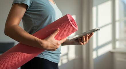 Woman preparing for yoga session using digital tablet at home studio