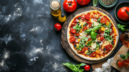 Overhead shot of a pizza with tomatoes and basil on a wooden board with dark textured background