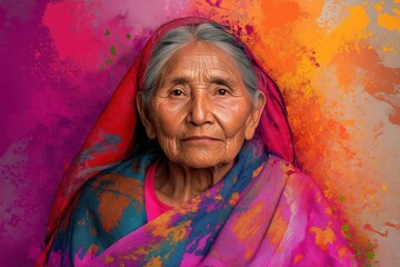 Elderly Hispanic woman smiling brightly against vibrant background  