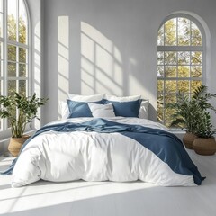Bright modern bedroom with white and blue bedding plants