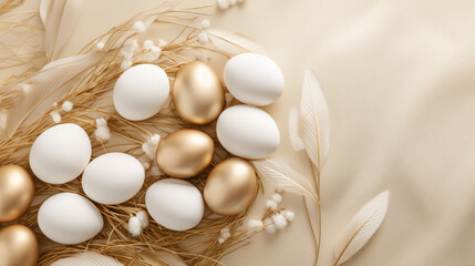 A soft Easter composition with a collection of white and gold eggs nestled among beige feathers, thin golden twigs, and tiny white floral accents, all set against a light beige, silky background.