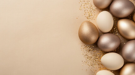 A stylish flat lay composition of Easter eggs in elegant shades of gold and ivory, with matte and metallic finishes arranged on the right side of a beige background with sparkles and confetti.