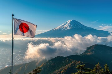 Japan's Iconic Landscape: A vibrant scene showcasing the Japanese flag against the backdrop of majestic Mount Fuji, capturing the essence of Japan's natural beauty and national pride.