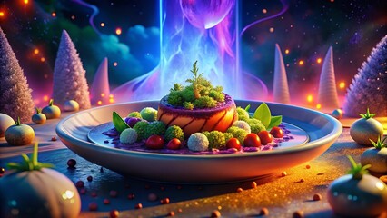 A gourmet dish artfully presented by a chef in a high-end restaurant, with vibrant colors and exquisite plating 