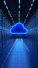 Glowing cloud icon in a modern server room