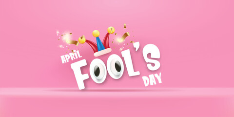 April fools day vector banner with funny clown hat and greeting text isolated on pink background. April fools day label, sticker and funky poster design template. Fools day logo and icon