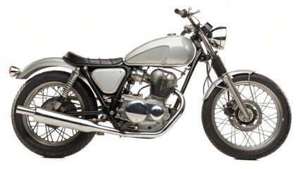Classic silver cafe racer motorcycle with retro styling and chrome engine, isolated on white background for design and automotive concepts.