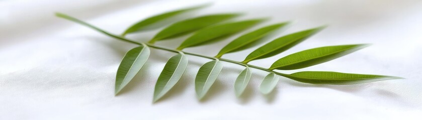 Obraz premium Fresh green leaf of a plant lying on a white cotton fabric for a soothing spa feel