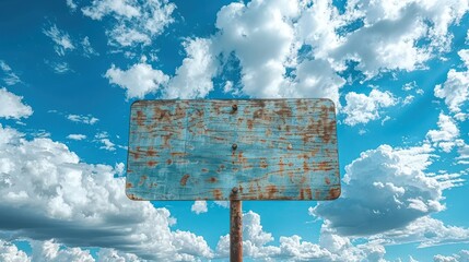 Sign of Opportunity: Rustic wooden sign stands proudly against a vibrant sky, dotted with fluffy clouds, ready for your custom message.