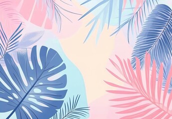An illustration of tropical plants with large banana leaves and palm leaves, colored in pink, blue, and white, soft gradient background