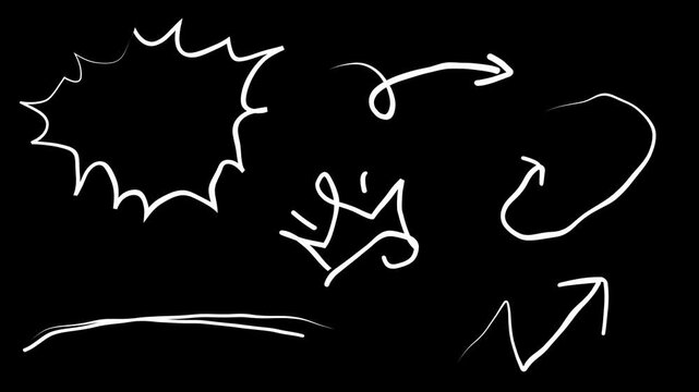 pack of simple doodle animated icons. royal crown, arrows, hole, underlining lines. Stop motion video template