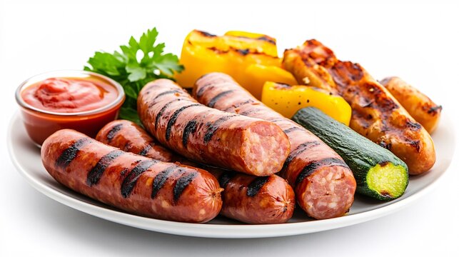 Convenient Meal Options - Plate of Processed Sausages, Grilled Vegetables, and Dipping Sauces for Quick Eating