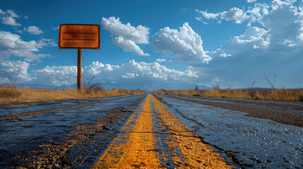 Road to the Horizon: An empty road stretches towards the horizon under a dramatic, cloud-filled sky, with a weathered signpost adding a touch of mystery and anticipation to the open landscape.
