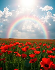 Naklejka premium Vibrant rainbow arch over a field of red poppies, sunlit sky, clouds, colorful, countryside