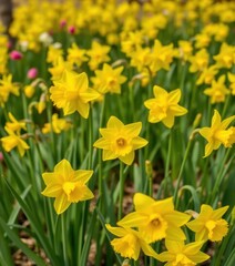 Obraz premium Vibrant yellow daffodils blooming in a lush spring garden, fresh, petals, closeup