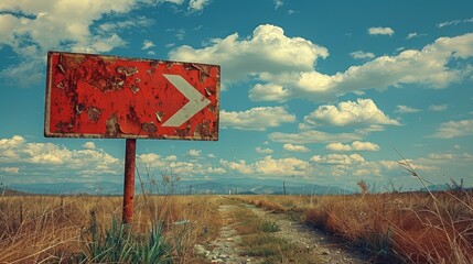 Direction Sign: weathered, directing towards an unseen destination, evokes a sense of journey, transition, and anticipation against a dynamic sky backdrop.