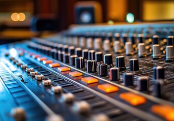 A music mixer with multiple knobs and buttons, buttons glowing in orange, blurred lights in the background