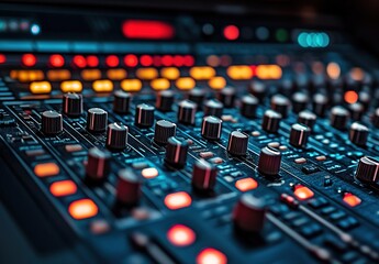 A music mixer with multiple knobs and buttons, buttons glowing in orange, blurred lights in the background
