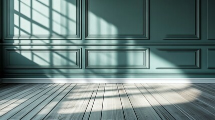 Obraz premium Interior wall with decorative moulding and parquet floor is illuminated