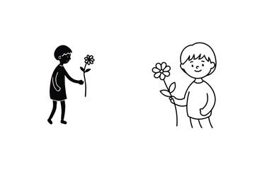 Child giving flower, friendship, kindness, sharing, gift, simple, line art, illustration, happy, chi