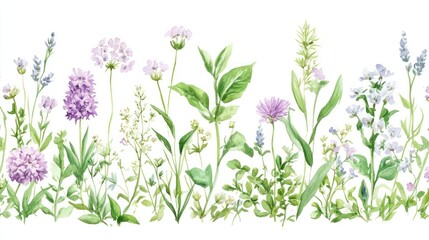 Watercolor Botanical Border of Flowers and Herbs