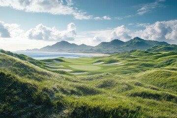 Fototapeta premium Lush golf course landscape with ocean views. Rolling hills, fairways, greens, and bunkers are beautifully situated amidst a breathtaking coastal scenery