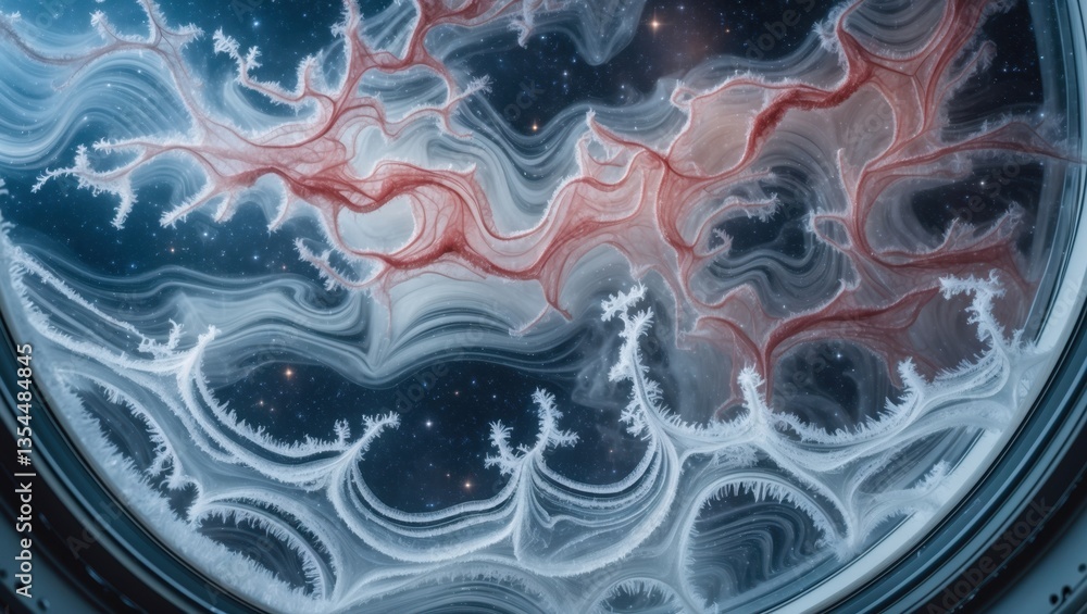 Poster a mesmerizing view of ethereal cosmic patterns blending in shades of red and white against a dark st