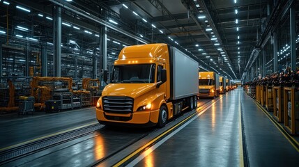 Assembly Line of Yellow Semi Trucks in Modern Factory