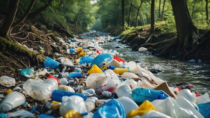 A polluted stream littered with colorful plastic waste surrounded by greenery, highlighting environmental concerns