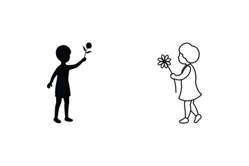Children sharing flowers simple line art, friendship, gift, kindness