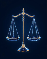Glowing scales of justice on dark background