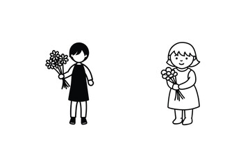 Simple Line Drawings Two Children Holding Flower Bouquets