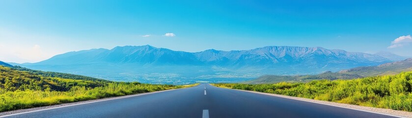 Obraz premium An empty road leading to a mountain range under a clear blue sky, with vibrant greenery on both sides